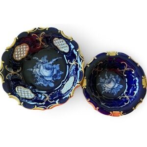 Pirken-Hammer Bohemia Cobalt Blue Gilt Rose Bowls Set | 9.5" & 7"